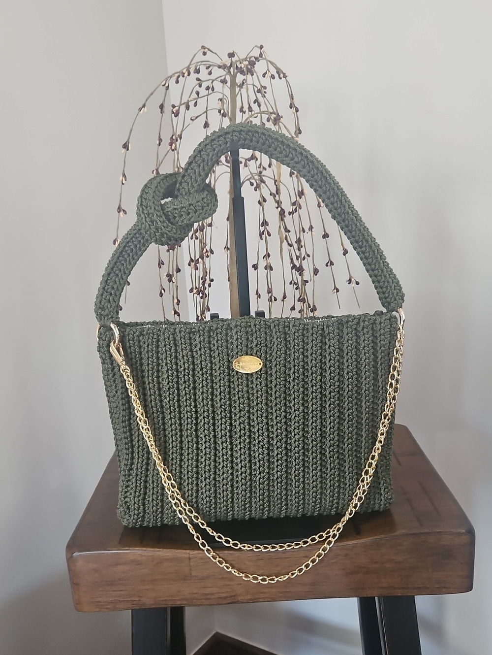 Olive Green Hand Crochet Shoulder Bag with Gold Chain